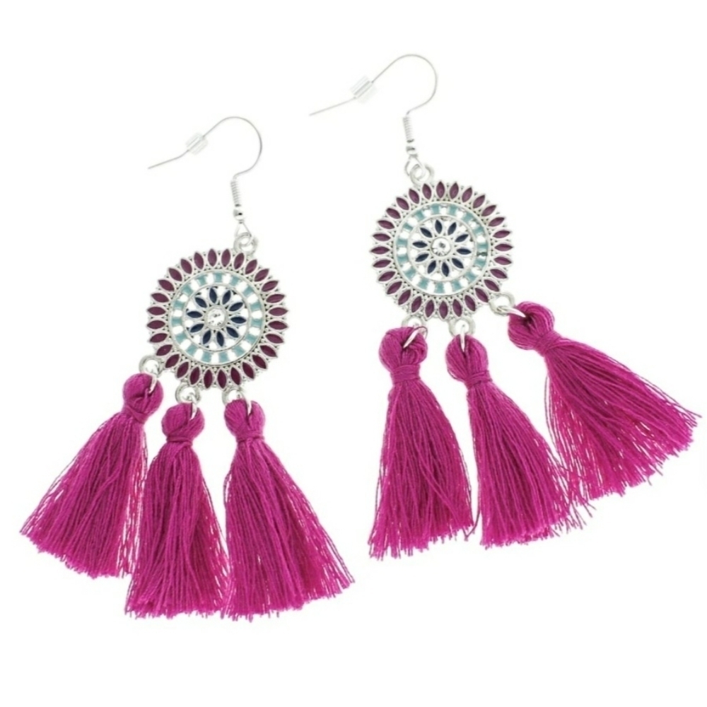 Bohemian Tassels Earrings Dangles Fuchsia and Silver